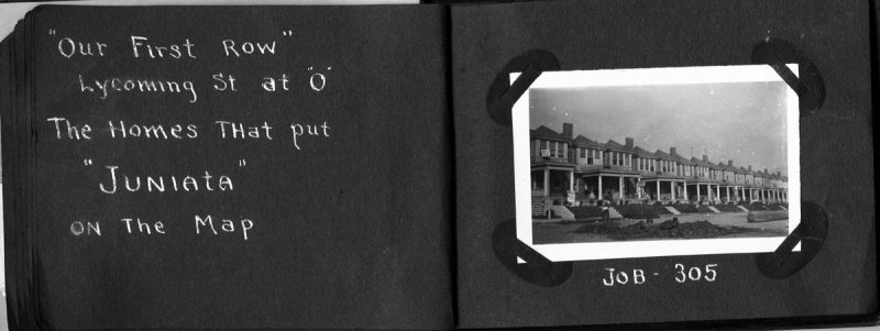 The image above shows residences built by Dinkelacker at Lycoming and O streets, which are declared by the album’s compiler as the “homes that put Juniata on the map.”