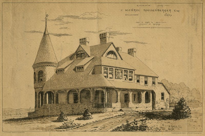 Drawing of a house. Legible text reads: "Residence for J. Monroe Shellenberger, Esq. Doylestown, Penn'a." 