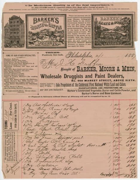 Barker, Moore & Mein billhead, 1887. Helfand Graphic Popular Medicine Stationery Collection. Library Company of Philadelphia.