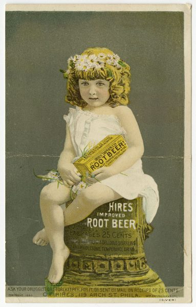 Trade card for Hires Root Beer depicting a child with a white dress and flower crown. The child holds a box od root beer and sits on a branded Hires Root Beer box.