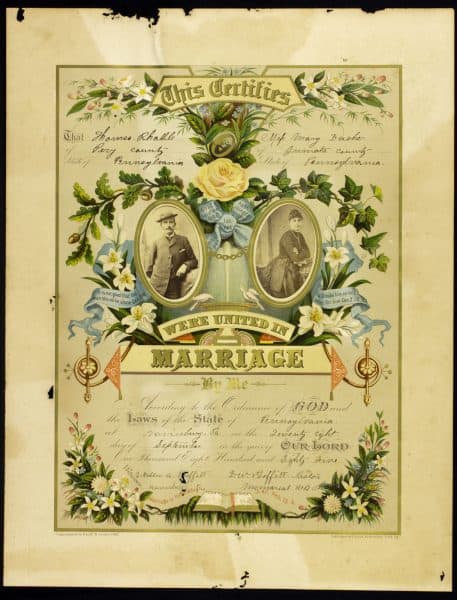 Marriage Certificate for Thomas Rhahle and Mary Dasher, chromolithograph with albumen photographs. York PA: Crider & Brother, ca. 1885. The Library Company of Philadelphia. Gift of David Doret.