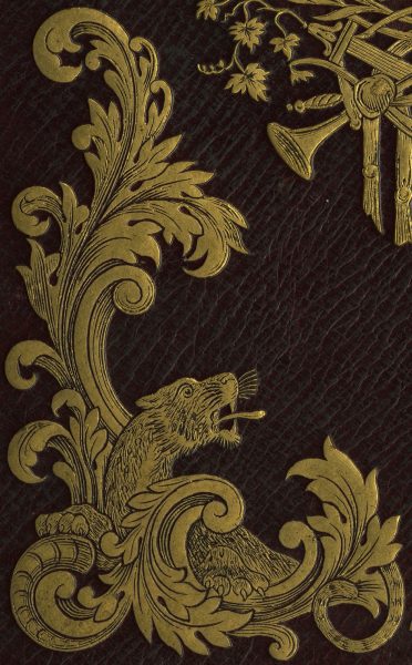 Detail of gilt lion and scrolling from book cover. 