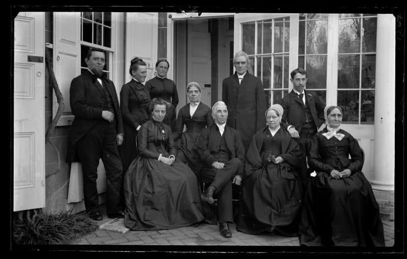 Marriott C. Morris, Family group at back porch of 4782 Main St. Father, Bess, Hannah, Mother, Aunt Lydia, Uncle Charles Rhoads, Auntie Beulah. Geo. S. Morris & Catherine Harman, 1889.
