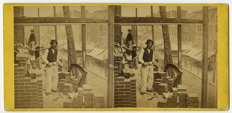Robert Newell, American Mechanic, Arch Street below 8th, Philada., albumen print stereograph, ca. 1864.