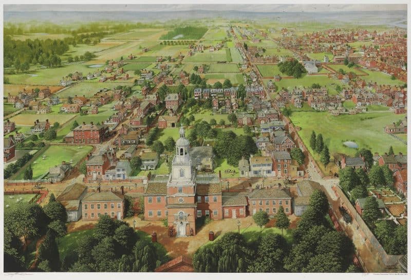 Painting of colonial Philadelphia from above. Paul MacWilliams, Pennsylvania Statehouse, 1776