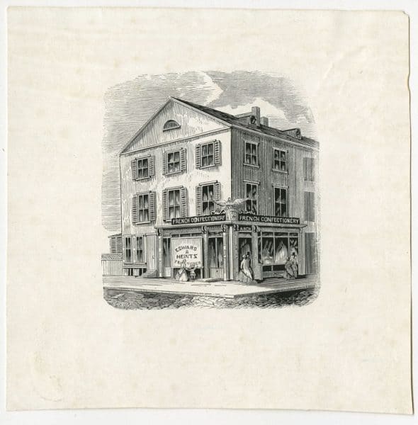 Edward Heintz French Confectionery, S.W. corner Ninth and Arch Streets, ca. 1860.