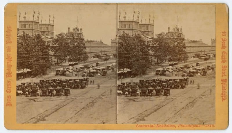 Transportation hub near Main Building on Centennial Exhibition grounds, 1876