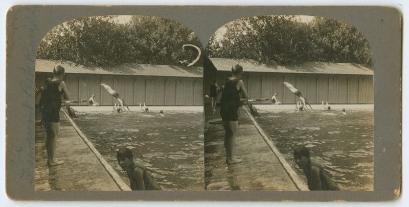 Stereograph depicting a pool scene. 