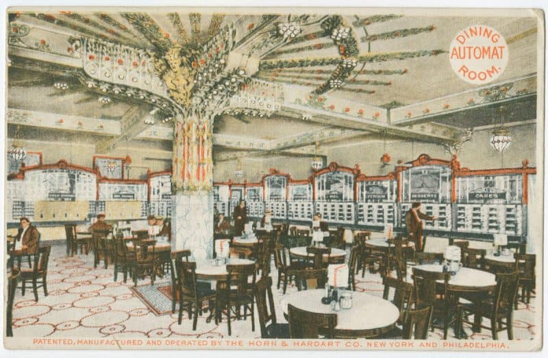 Ca. 1906 Horn and Hardart’s Automat Postcard depicting the dining room of an automat from the Library Company’s Postcard Collection.
