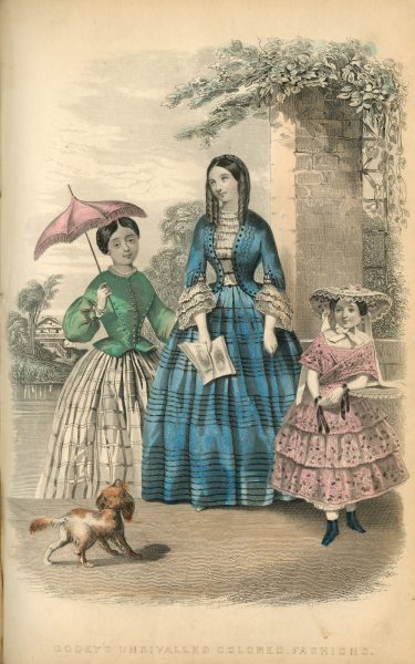 Print featuring two women and a girl in stylish clothes. The print is colored.