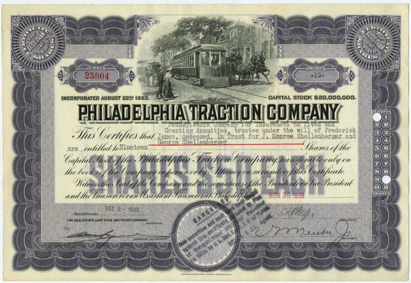 Philadelphia Traction Company stock certificate.