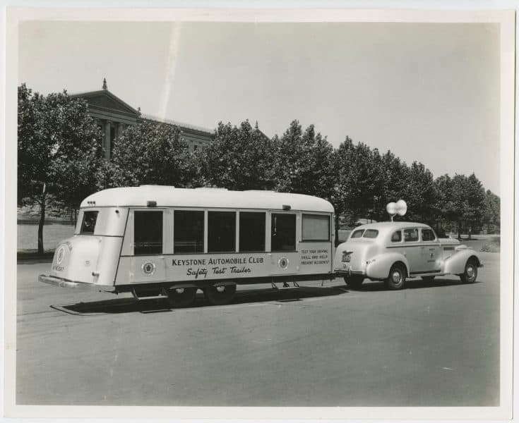 The Photo-Illustrators. Keystone Automobile Club's Safety Test Trailer in front of the Philadelphia Museum of Art, gelatin silver photograph, ca. 1937. The Library Company of Philadelphia. Gift of Joseph Kelly.
