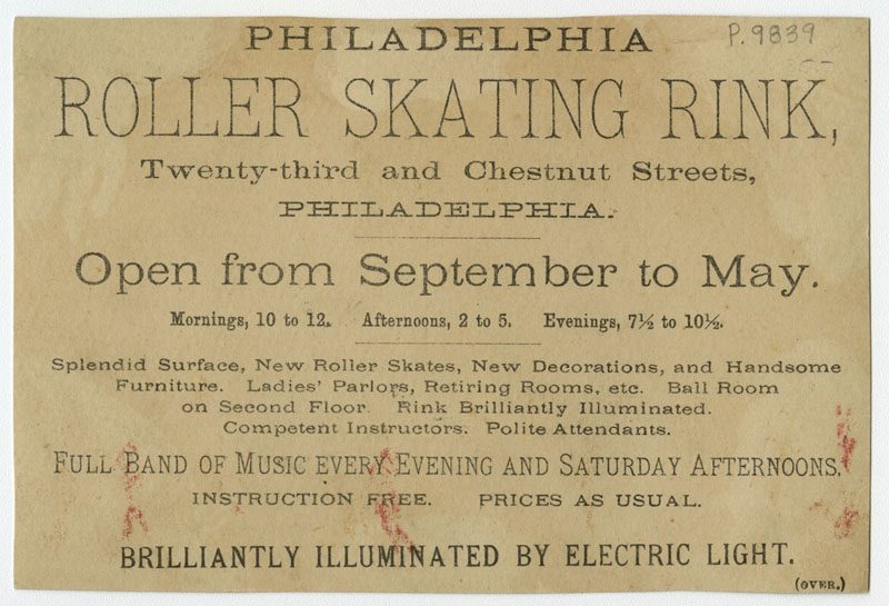 Verso of trade card for the Philadelphia Roller Skating Rink.