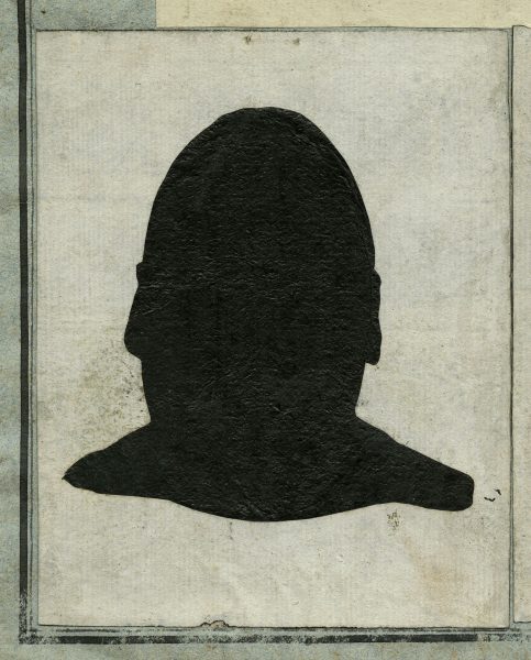 Hand-cut silhouette of a man. Notably, the man faces forward and closely resembles an egg.