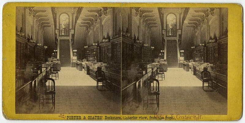 Stereographic image depicting the inside of a bookstore. James Cremer, photographer and publisher.