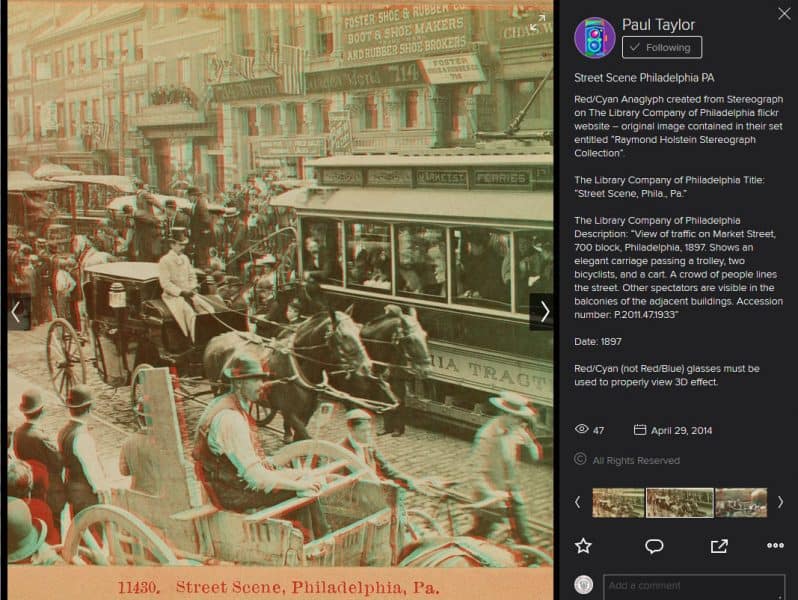 Screenshot of Paul Taylor’s Anaglyph of a street scene stereograph from the Raymond Holstein Stereograph Collection at the Library Company.
