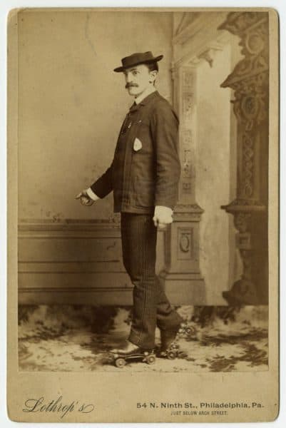 [David] Lothrop, Man on Roller Skates. (Philadelphia, ca. 1890). Albumen print cabinet card.