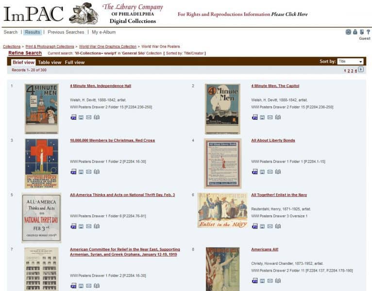 Screenshot from ImPAC displaying WWI posters.