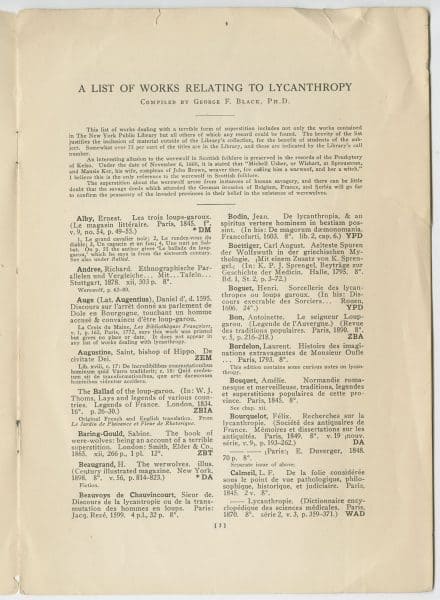 New York Public Library. A List of Works Relating to Lycanthropy. New York: New York Public Library, 1920.