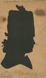 Silhouette of white man, his hair tied in a ribbon at the back of his head, and wearing a ruffled cravat and tall cylindrical hat with plume.