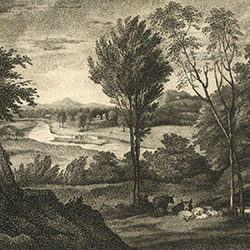 Landscape scene with trees, river, and grazing cattle