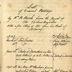 Manuscript inventory page with lists of dates, painting titles, and names of patrons
