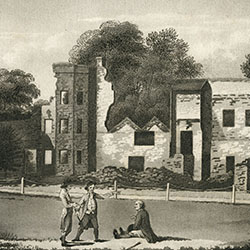 Building ruins and rubble between trees. Two standing men and one seated man holding walking sticks talk to one another in foreground.