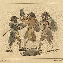 Three men, wearing hats, stand near bundle on ground. Two carry bundles over shoulder. One holds rag up.