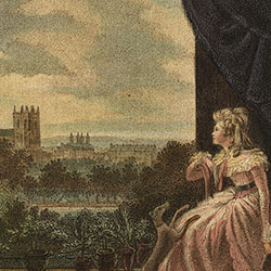 Seated white woman wearing pink dress, looking out window, and dog at knees.  Row of potted plants on windowsill. Church and large buildings in background