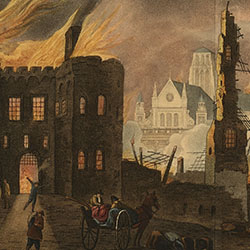 Orange and yellow flames and black smoke fill the sky behind building ruins. Two people in horse-drawn cart, men, women, and infant in foreground