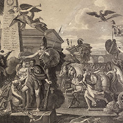 Horse-drawn chariot containing standing figure holding an American flag at center. Angels, an American eagle, and allegorical figures surround chariot. Classical buildings and obelisk in background