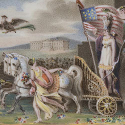 Delicately colored image of three white horses pulling chariot containing standing figure holding American flag. Angel holds wreath above figure's head. Classical architecture and American eagle in background