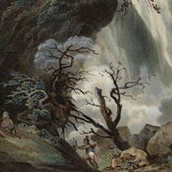 Huge rocks and waterfall dominate landscape. Three seated and one standing figure in foreground.