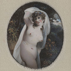 Delicately colored nude white woman stands in landscape. She holds a gauzy drape behind her.