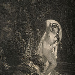 Book illustration with text below. Nude woman at water's edge holds gauzy cloth behind her body. Male figure in background spies on her from behind foilage