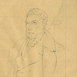 Bust-length sketch drawn on graph-lined paper of man wearing overcoat 