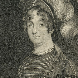 Waist-length oval portrait of curly-haired white woman wearing large feathered hat. Her name appears in manuscript at image bottom.