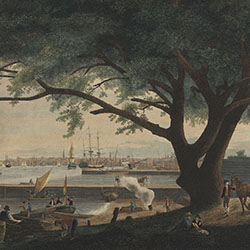 Under shade of large tree, white men wielding tools work along water's edge in left foreground while white men and women relax in right foreground. Cityscape visible in background.