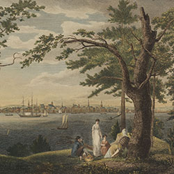 Four figures with picnic basket relax under mostly leafless tree in foreground. Cityscape visible in background beyond water filled with sailing ships.