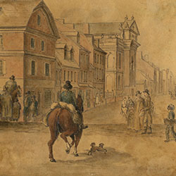 Busy urban scene with pedestrians and horses on street in front of numerous large buildings. Horse with its backside to the viewer is at center.