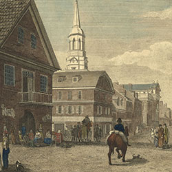 Busy urban scene. White and black pedestrians, some carrying baskets, and horses, some pulling wagons, travel on street in front of numerous large buildings. Horse with its backside to the viewer is at center.
