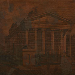 Metal plate with engraved image of classical-style building