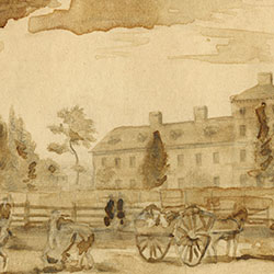Monochromatic loose rendering of two large buildings behind fence. People and horse and wagon in foreground