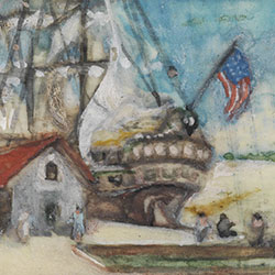 Impressionistic view of large sailing ship flying an American flag pulled up to dock filled with buildings and people