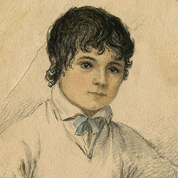 Waist-length portrait of young white boy with wavy black hair 