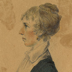 Bust-length profile portrait of white woman facing to viewer's left. She wears high-waisted clothing and her blonde hair is arranged in bun on top of head