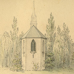 Three depictions of same small six-sided building, including floor plan, view of steeple, and ground level view
