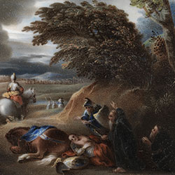 Dead or injured horse and rider alongside three other men  in foreground of landscape. Other men and horses with backs to viewer move into background