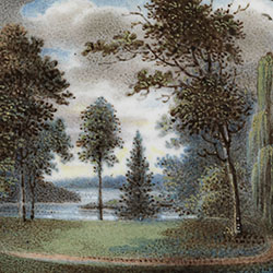 Landscape of trees and circular path set adjacent to body of water