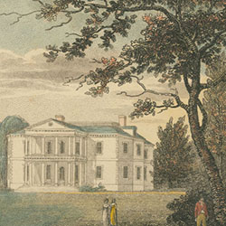 Two-storied classical style residence stands on expanse of grass. Several figures and dogs stroll in foreground